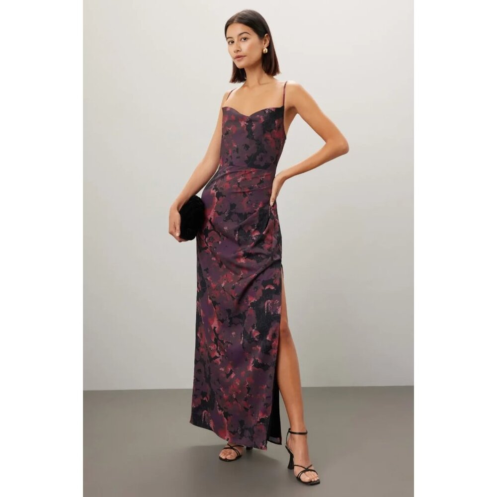 Slate & Willow Red Purple Ruched Floral Dress Size 2 | Designer Women’s